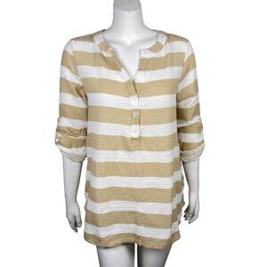 Kaktus Tunic Shirt Size M Striped Roll Tab Sleeves 100% Cotton V Neck Lagenlook